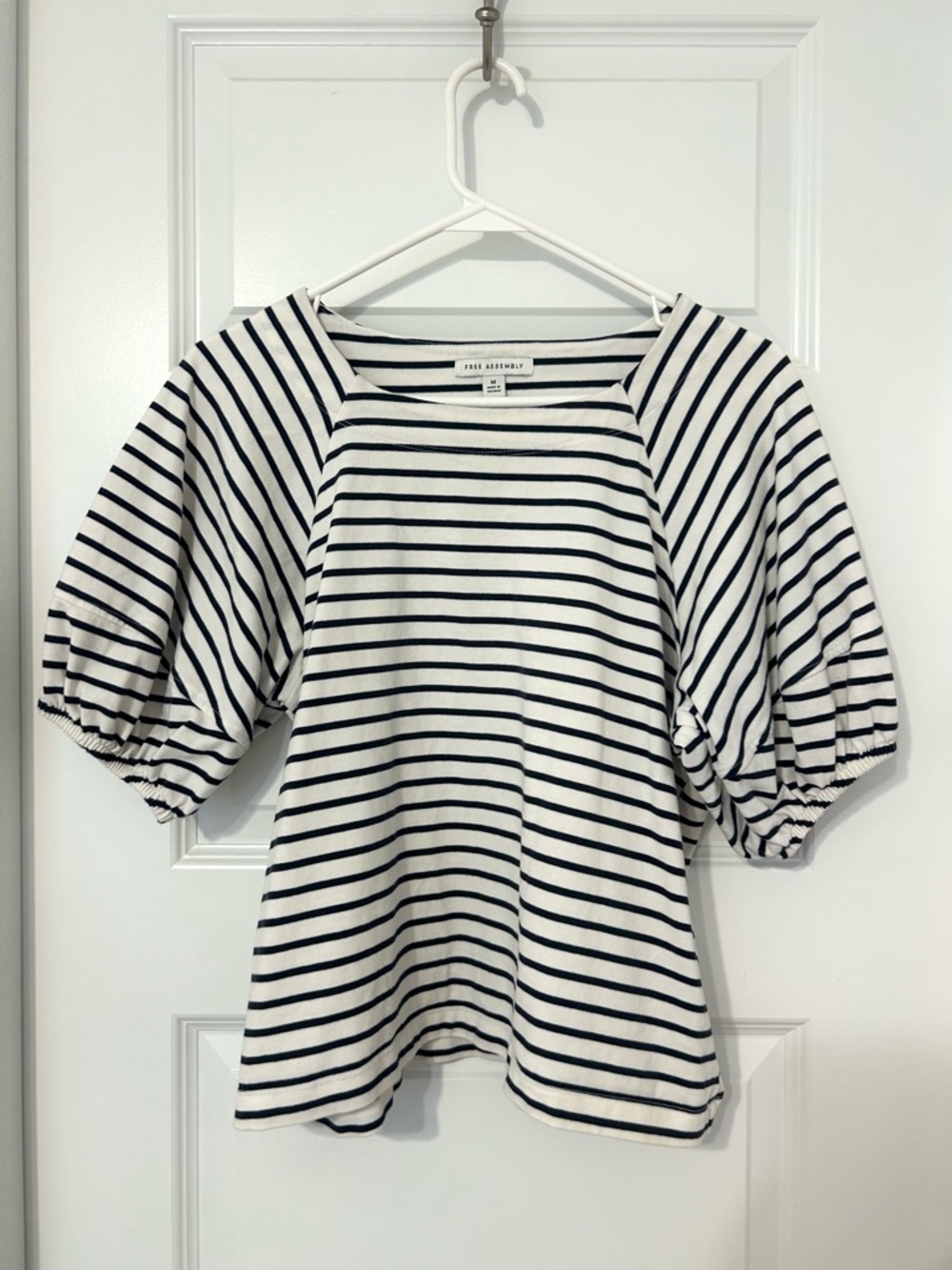 White & Navy Striped Puff-Sleeve Top